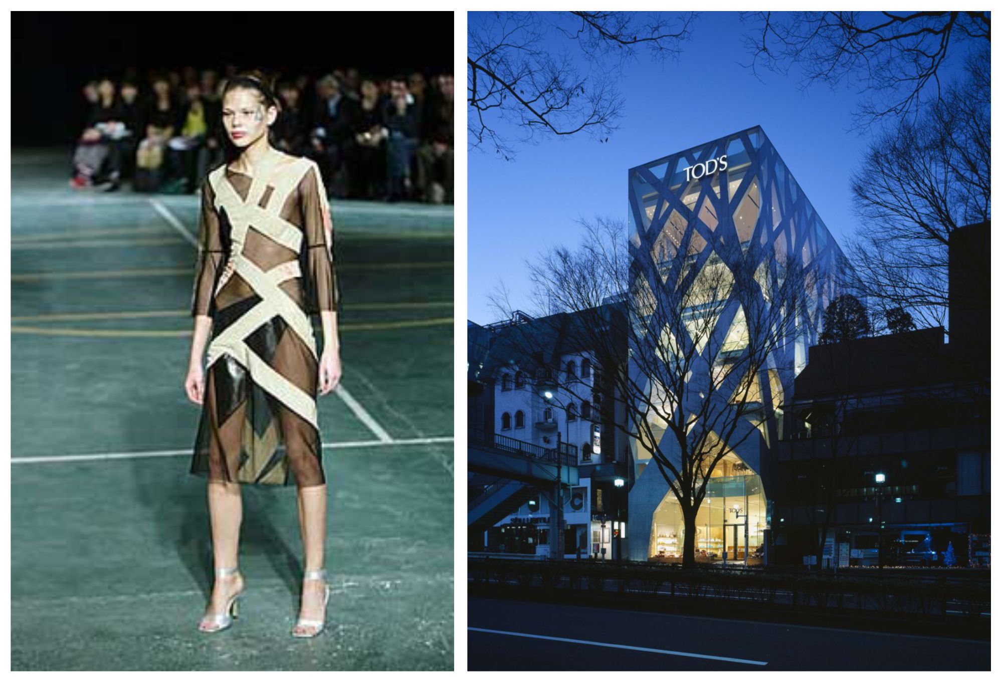 Coleção de Yoshiki Hishinuma (2004) e Edifício Tod’s por Toyo Ito (2002-2004). Fonte: http://www.fashionbubbles.com/historia-da-moda/a-moda-e-arquitetura-nunca-estiveram-tao-proximas