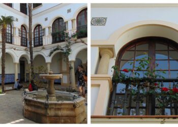 Figura 9: Pátio Andaluz - fonte, arcos, azulejos e rosas.