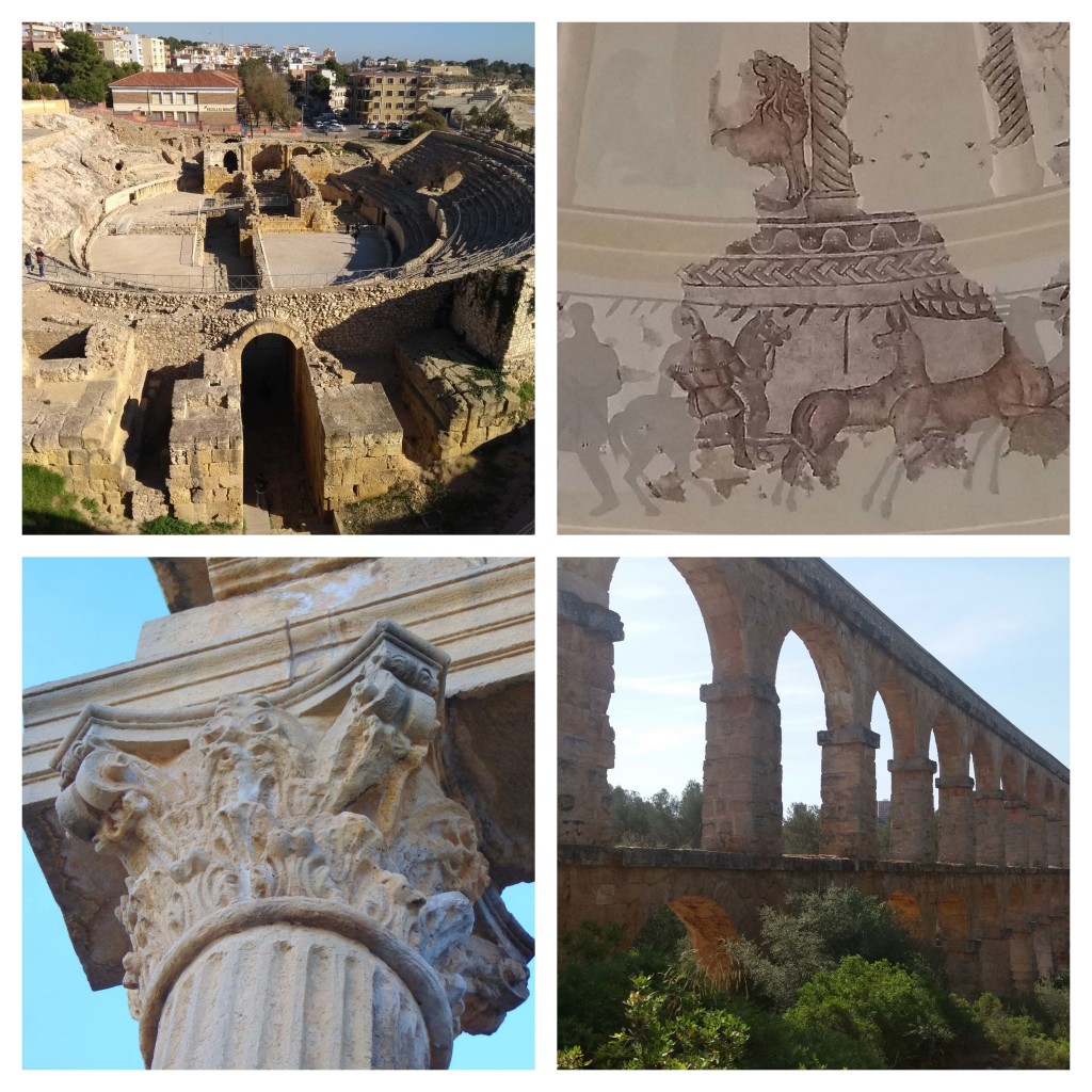 Figura 4: (da esquerda para direita, de cima pra baixo) Anfiteatro; Mosaicos na cúpula de Centcelles; Forum Romano; Aqueduto Ponte do Diabo - obras de romanos, todas na Província de Tarragona, Catalunha.