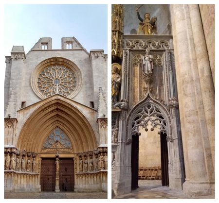 Imagem 7: Catedral de Tarragona - o portal pleno de esculturas, com múltiplas arquivoltas, e a sua espetacular rosácea (a esquerda); e um dos portais de passagem com as linhas que caracterizam a traceria tão presente no estilo gótico .