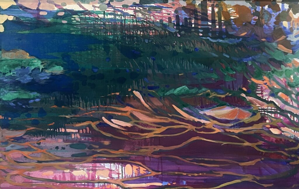 Celaine Refosvo. _Maré baixa com Guarás._ Pintura a óleo sobre tela. 160 x 100 cm. 2026 